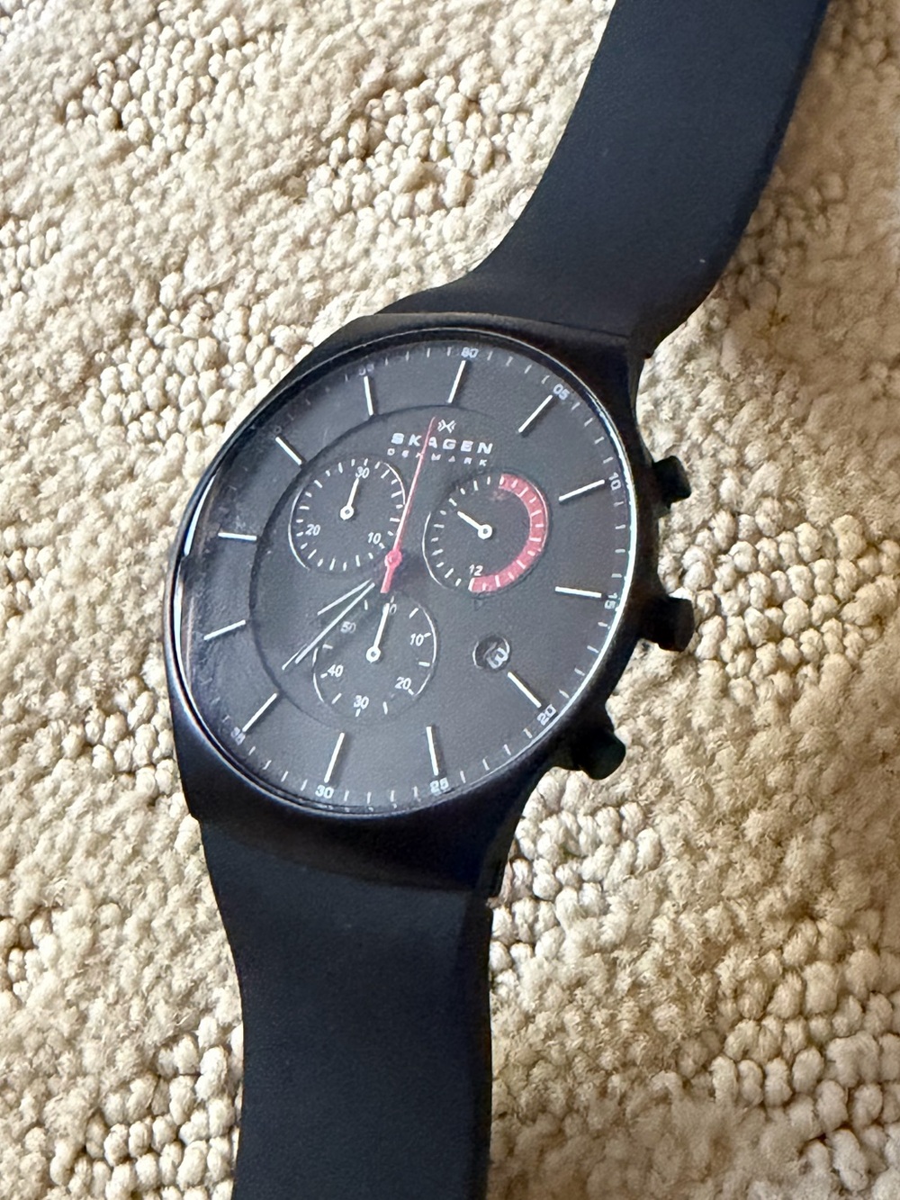 Skagen Men's Black Silicone Chronograph Watch with Red Accent